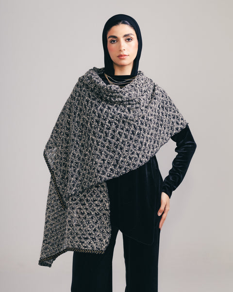 Textured Knit Shawl with Gold trimming