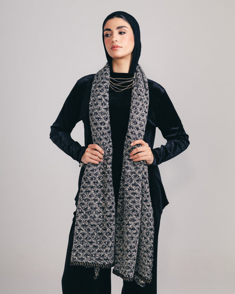 Textured Knit Shawl with Gold trimming