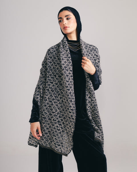 Textured Knit Shawl with Gold trimming