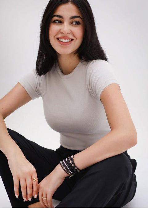 Ribbed Crew-neck Half Sleeve Top